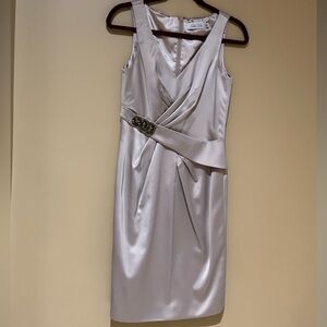 Teri Jon Silver Sheath Dress with Draped Front and Embellished Waist